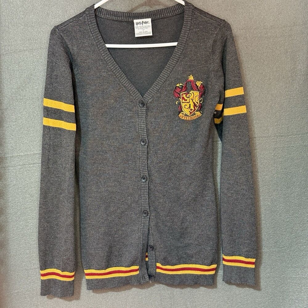 Harry Potter Womens Small Gryffindor Vneck Academia Button Up Sweater Gray
